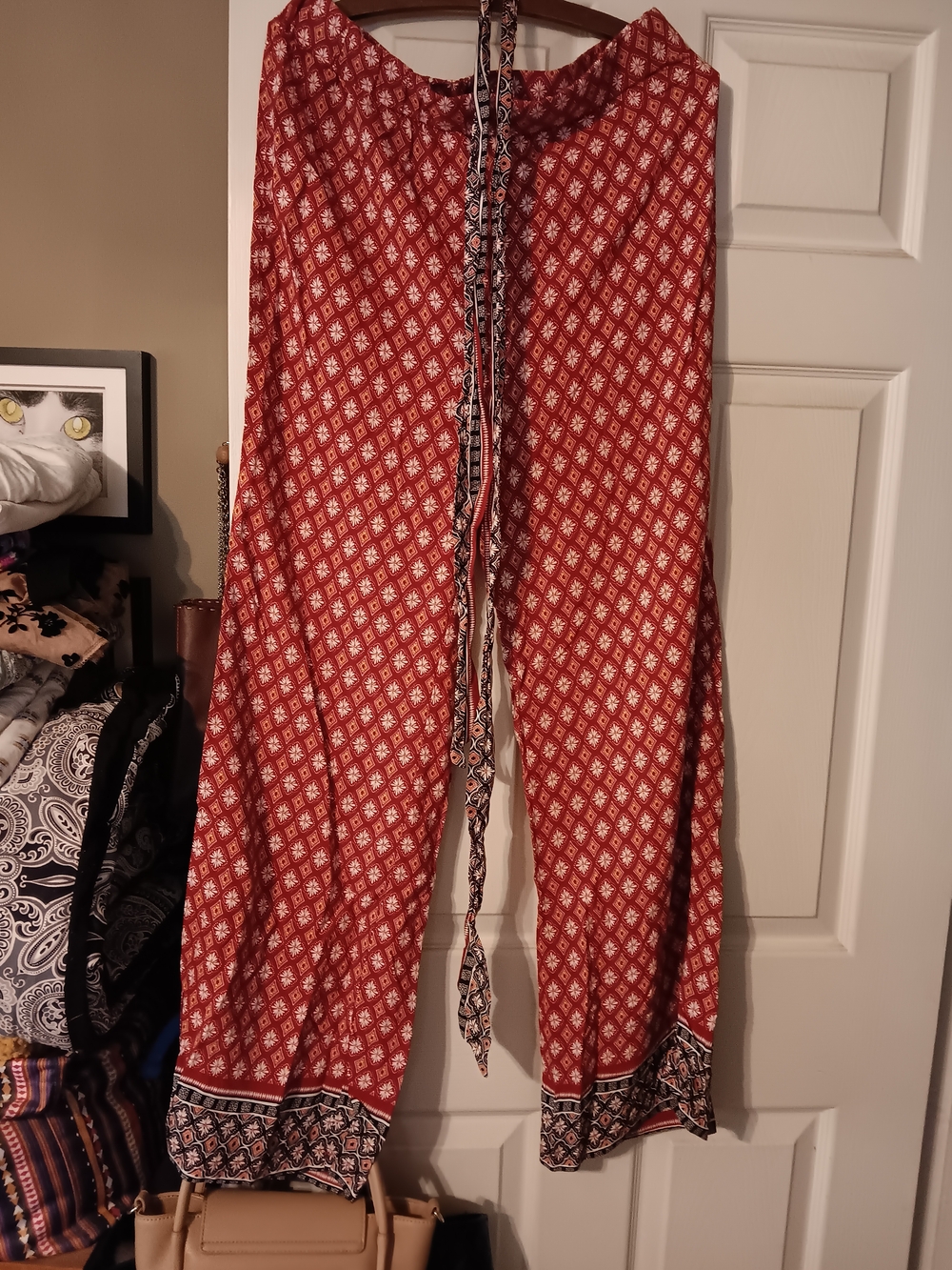 SHEIN Red Patterned Wide-Leg Drawstring Pants